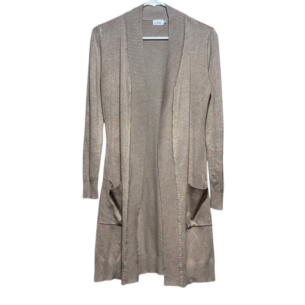 Cielo Women's Long Open Front Cardigan Tan Viscose Blend Size S Lightweight